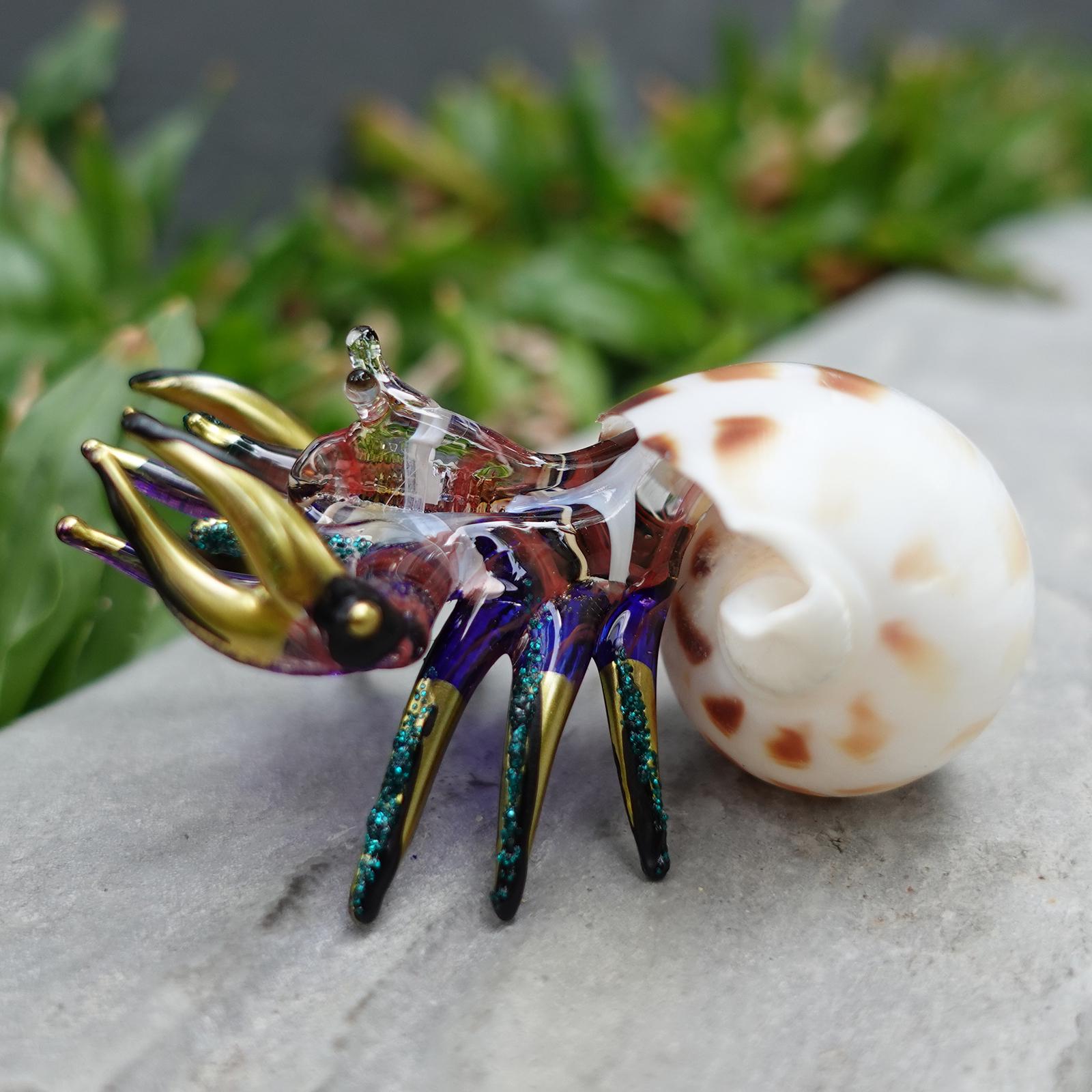 Seashell Hermit Crab Figurines Blown Glass Paint Blue Red Gold Mix
