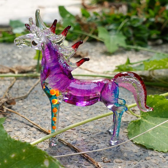 馬のミニチュアフィギュア 手描き 紫青 吹きガラス アート 動物