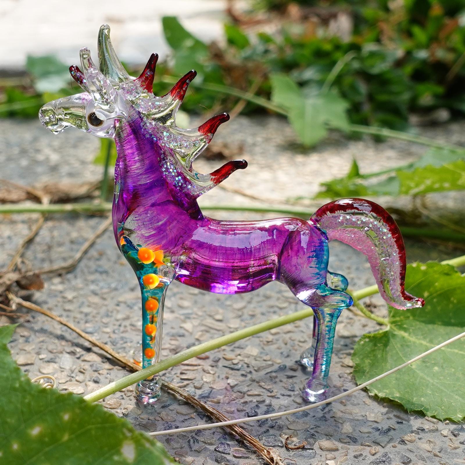 馬のミニチュアフィギュア 手描き 紫青 吹きガラス アート 動物