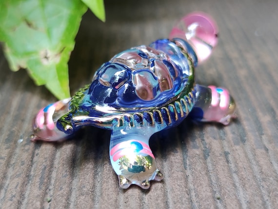 亀の置物 手描き ブルー ピンク 吹きガラス アート ゴールドトリム