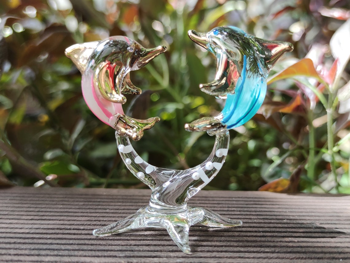 Herz Delfine Miniatur Figuren Handgemalt Mundgeblasen Glas
