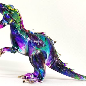 T-rex Tyrannosaurus Dinosaur Figurines Hand Painted Blown Glass Art W' 22K Gold Trim Animals Collectible Gift Home Decor 4 Inches