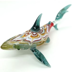 5 inches Shark Figurines Hand Painted Colorful Blown Glass Art Gold Trim Animals Collectible Gift Home Decor