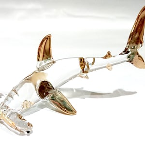 Hammer Shark Miniature Figurines Sea Animals Hand Blown Glass Art W/22k Gold Trim Collectible Gift Decorate, Clear