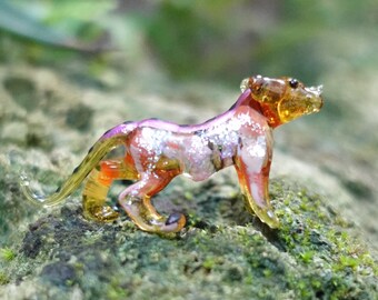 Tiger Micro winzige Figuren handbemalt gelb lila geblasen Glas Kunst Tiere Sammler Geschenk Wohnkultur