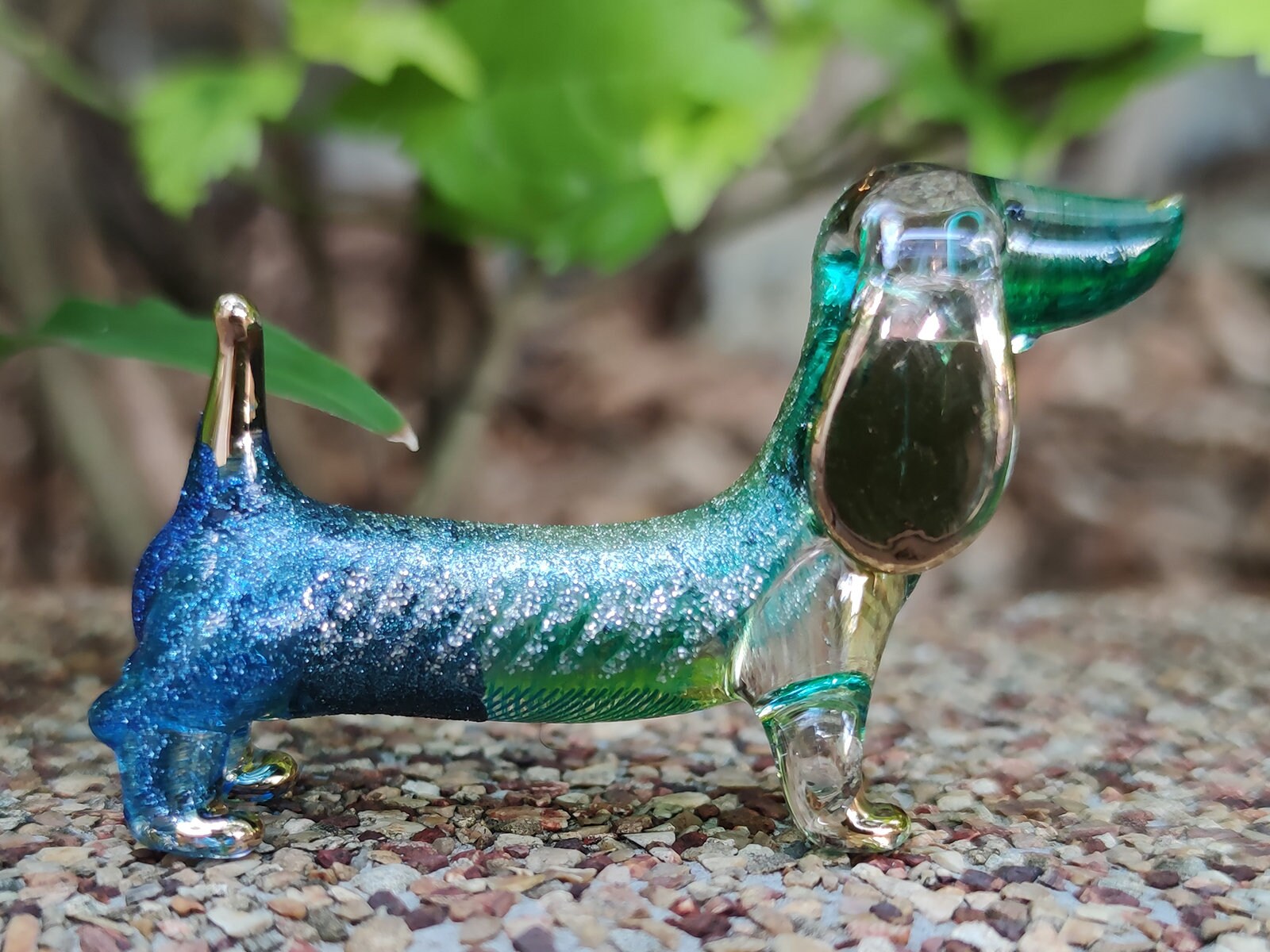 Dachshund Figurines Hand Painted Green Blue Blown Glass Art Etsy
