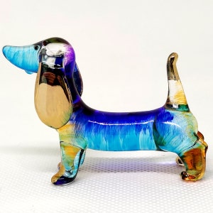 Dachshund Figurines Hand Painted Blue Orange Blown Glass Art Gold Trim Animals Collectible Gift Home Decor Doglover