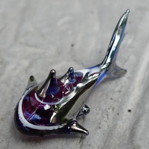 Whale-Shark Tiny Miniature Figurines Sea Animals Hand Blown Glass Art  W/ SILVER Trim Collectible Gift Decorate