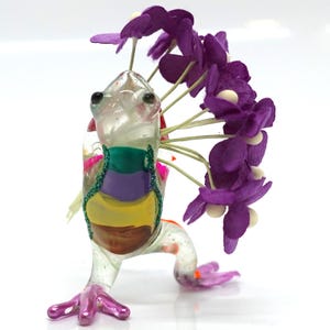 Frog Miniature Tiny Figurines Hand Blown Glass Art Animals Collectible Gift Home Décor (Holding Flower Purple)
