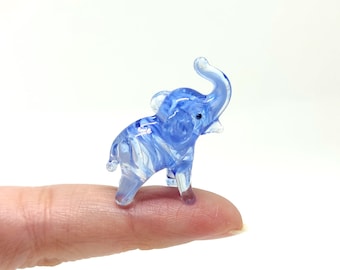 Elephant Tiny Figurines Hand Blown Color Glass Art Animals Collectible Gift Home Décor, Trunk Up