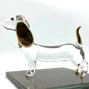 4 inches Dachshund Figurines Animals Hand Blown Glass Art Gold Trim Collectible Gift Decorate, Clear Gold