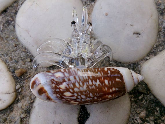 Seashell Hermit Crab Figurines Blown Glass Mix Natural Brown White