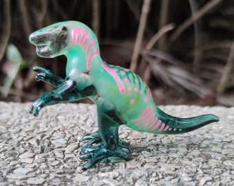 Tyrannosaurus Rex T-Rex Dinosaur Miniature Figurines Hand Painted Pastel Green Blown Glass Art Animals Collectible Gift Home Decor