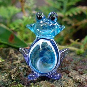 Frog Cartoon Miniature Figurines Animals Hand Blown Color Glass Art Collectible Gift Decorate, Blue Tone