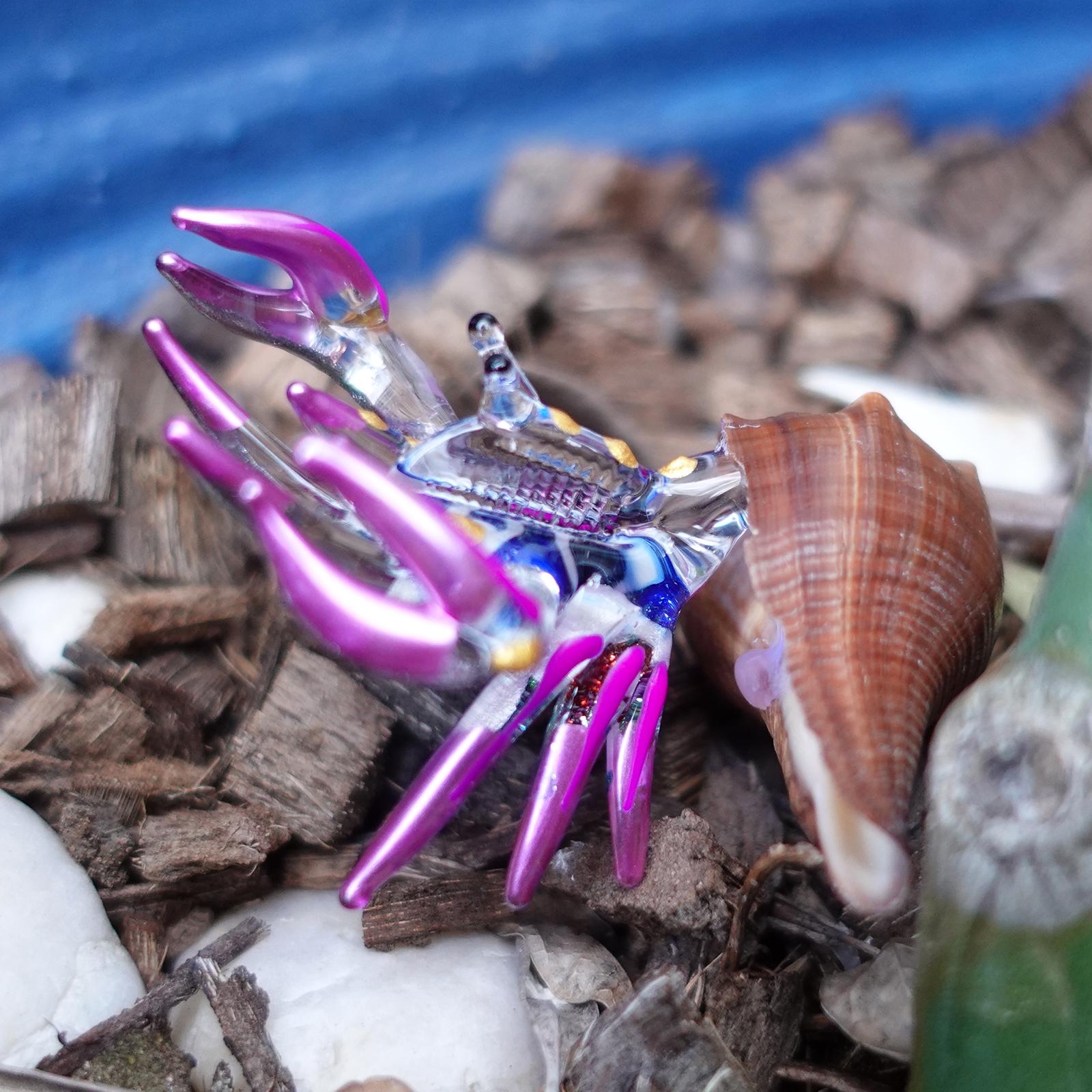 Seashell Hermit Crab Figurines Blown Glass Paint Purple Blue Mix