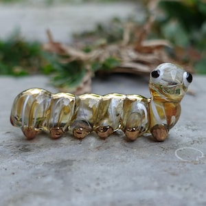 Yellow Caterpillar Miniature Figurines Animals Hand Blown Color Glass Art W/22 K Gold Trim Collectible Gift Decorate