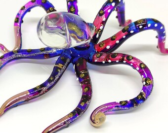 5 inches Octopus Figurines Hand Painted Multi-color Blown Glass Art Gold Trim Animals Collectible Gift Home Decor