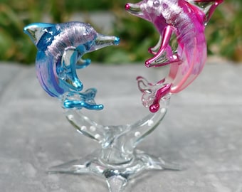 ハート型イルカのミニチュアフィギュア 手描き 吹きガラス アート 動物