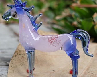 Figurines miniatures de cheval en verre coloré soufflé à la main, animaux d'art, cadeau de collection, décoration d'intérieur (bleu rose)