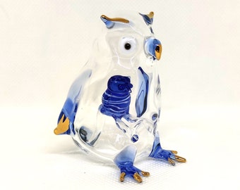 Owl in Owl Statue Miniature Figurines Animals Hand Blown Glass Art W/ 22k Gold Trim Collectible Gift Decorate 2.5", Clear Blue