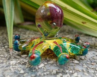 Octopus Miniature Figurines Animals Hand Painted Blown Glass Art Collectible Gift Decorate, Red Yellow Green