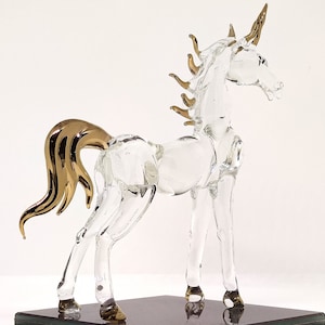 5 Inches Unicorn Miniature Figurines Hand Blown Glass Art W&#39; 22k Gold Trim Animals Collectible Gift Home Decor, Clear Gold