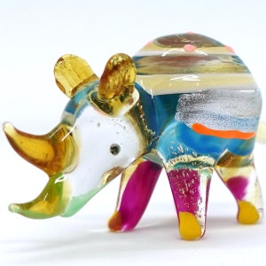 Rhinoceros Miniature Hand Blown Glass Art Figurines Animals Collectible Gift Home Décor, Multi-Yellow