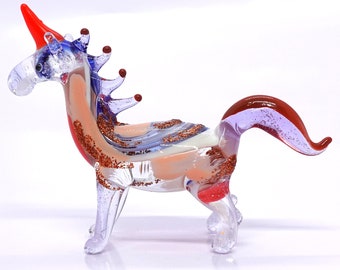 Unicorn Tiny Miniature Figurines Hand Blown Glass Art Fantasy Animals Collectible Gift Home Décor (Blue Orange)
