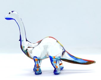 Apatosaurus Miniature Hand Blown Glass Art Figurines Animals Dinosaur Collectible Gift Home Décor, Blue Orange