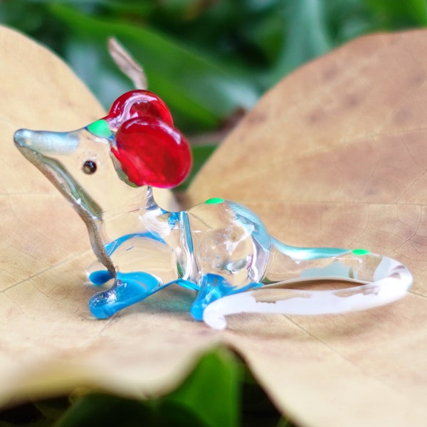 Mouse Micro Tiny Figurines Hand Painted Blown Glass Art Animals Collectible Gift Home Décor, Blue White