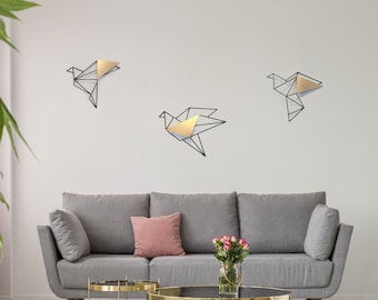 Glowing Birds - Set of 3 geometric black & gold metal birds wall art by Glyphs
