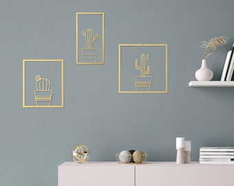 Set of 3 Gold Metal Cactus Wall Art Decor  by Glyphs