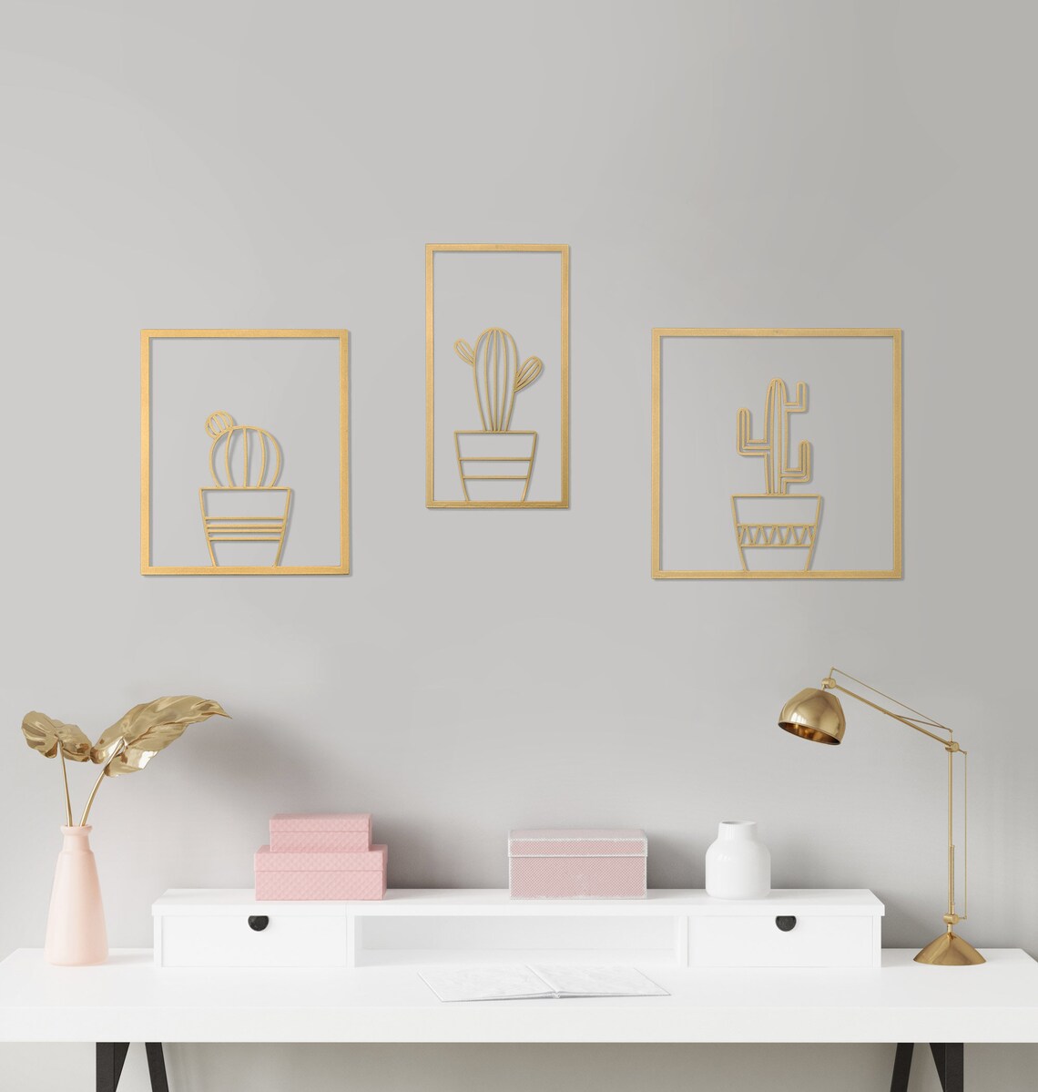 Set of 3 Wall Art Gold Cactus Decor Interior Decor Black Etsy
