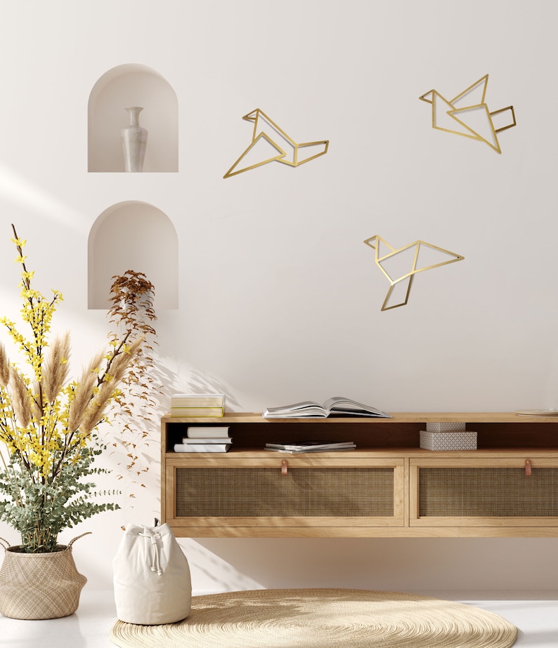 Set of 3 gold origami geometric birds metal wall art decor by Glyphs image 1