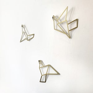 Set of 3 gold origami geometric birds metal wall art decor by Glyphs image 2