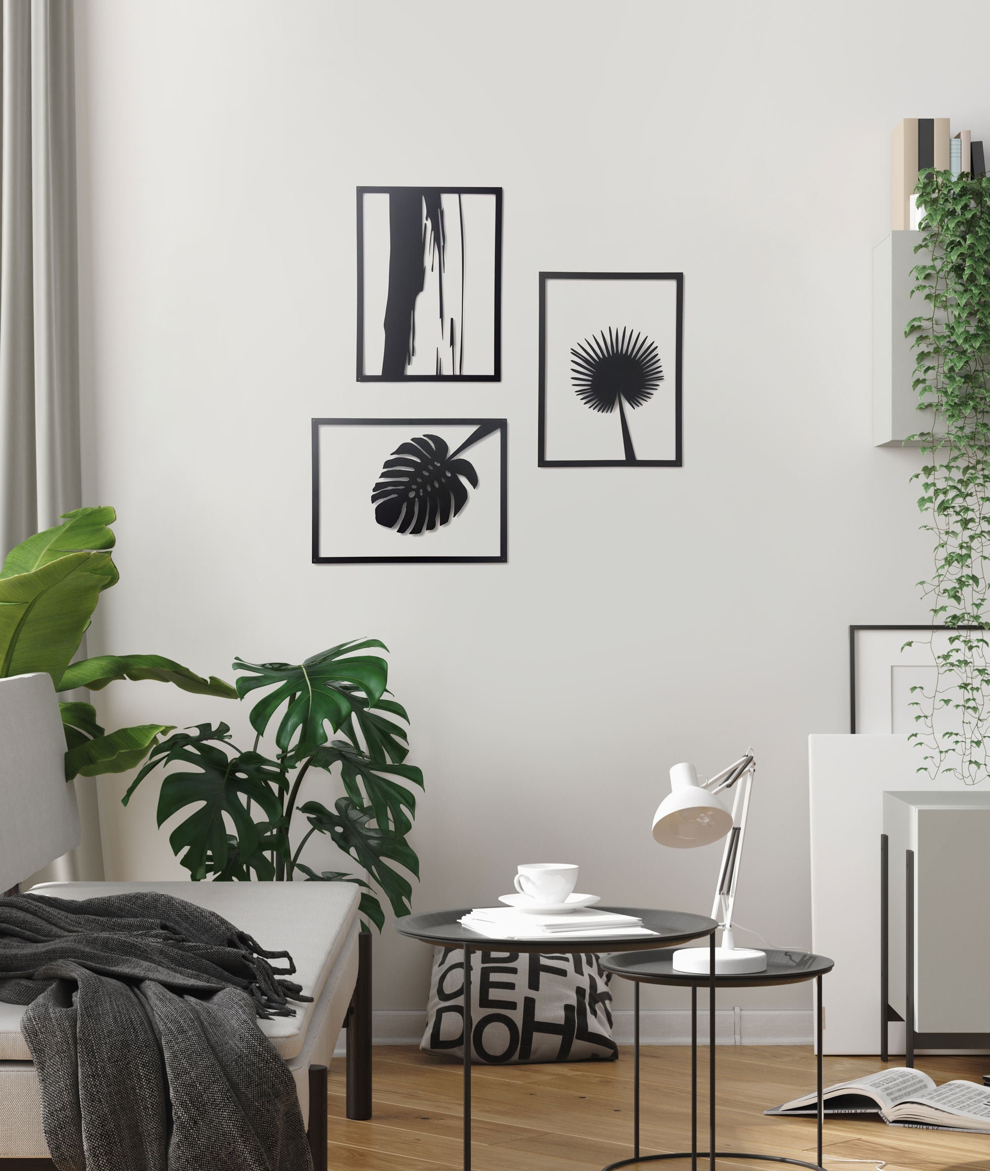 Ensemble de 3 Feuilles Noires en Métal/Plantes Art Mural Par Glyphs