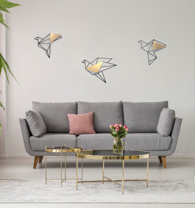 Set of 3 geometric gold metal birds wall art 3D geometric Etsy