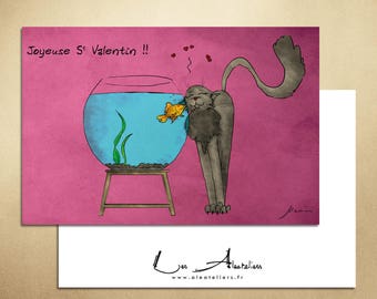 Valentine's Day card - Romance between the cat and goldfish