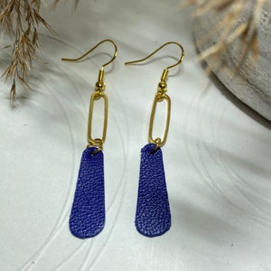 Dangling leather earrings earrings leather jewelry leather 8- Bleu marine/doré