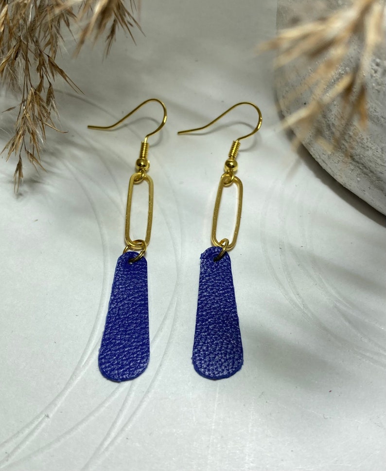 Dangling leather earrings earrings leather jewelry leather 8- Bleu marine/doré