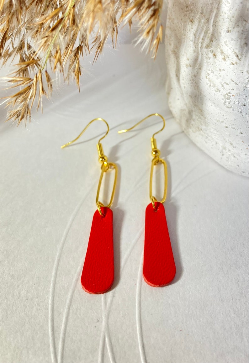 Dangling leather earrings earrings leather jewelry leather 2- Rouge/doré
