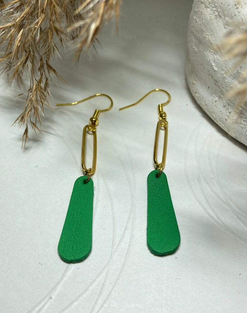 Dangling leather earrings earrings leather jewelry leather 9- Vert/doré