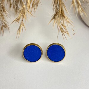 May include: A pair of round stud earrings. Each earring features a vibrant blue center set within a gold-colored metal frame. The earrings are displayed on a white surface, with dried plants in the background.