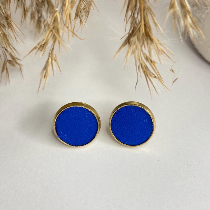 May include: A pair of round stud earrings. Each earring features a vibrant blue center set within a gold-colored metal frame. The earrings are displayed on a white surface, with dried plants in the background.