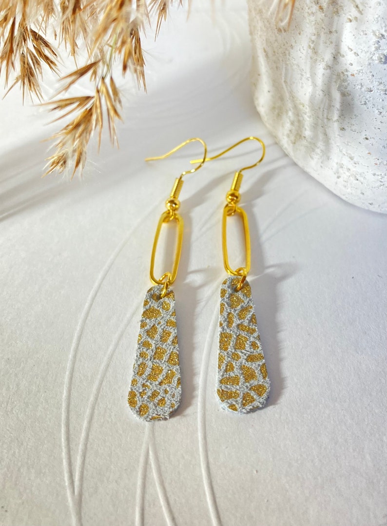 Dangling leather earrings earrings leather jewelry leather 3- Blanc/doré