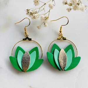 Lotus leather hoop earrings - earrings - leather jewelry - leather - flowers - lotus