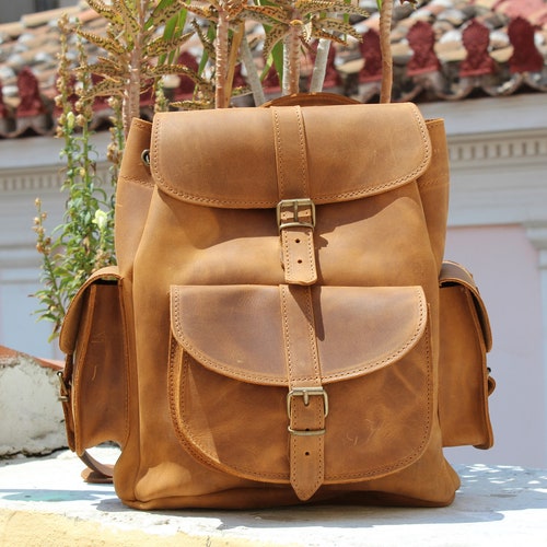 Leather Backpack with 3 pockets waxed brown light,Size medium, Professional Backpack, shops Laptop Backpack, Classic backpack, Genuine Leather