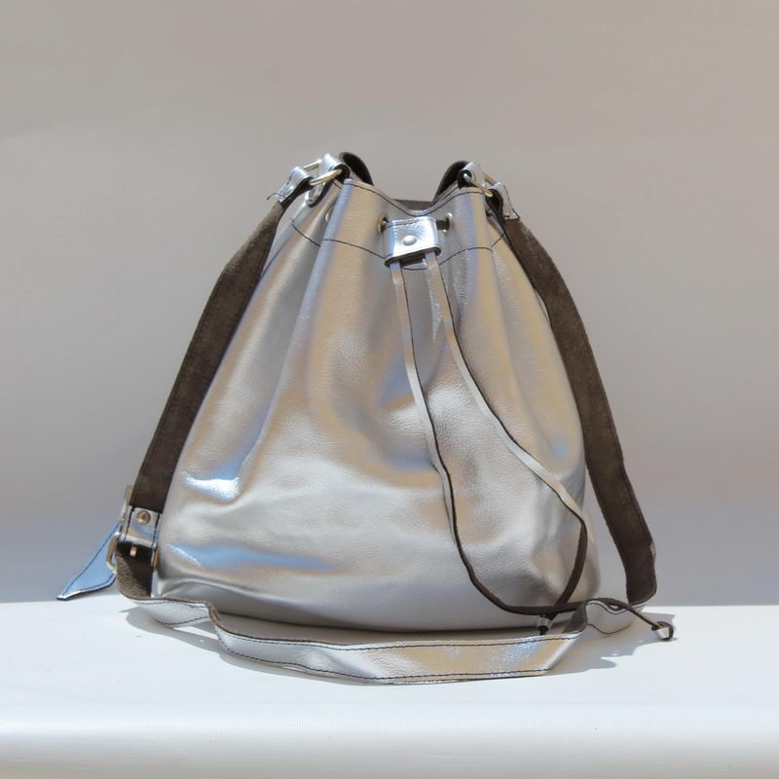 LEATHER BUCKET BAG Metallic Silver Size Large Leather Etsy