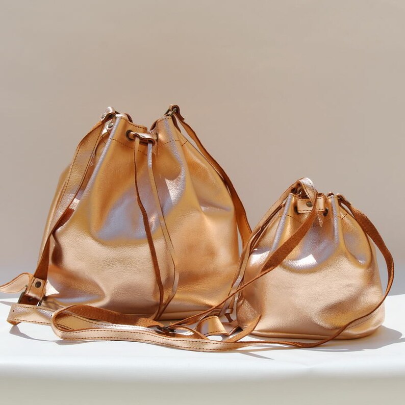 Made in Greece Leather Shoulder Bag Women Bag LEATHER BUCKET BAG metallic golden rose Leather Bucket Purse Size large Handmade bag