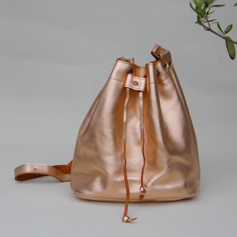 Made in Greece Leather Shoulder Bag Women Bag LEATHER BUCKET BAG metallic golden rose Leather Bucket Purse Size large Handmade bag